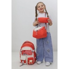 Probag Kız Çocuk Okul Çantası 3lü Set Beslenme Kalemlik Peluş Aksesuarlı Turuncu Ilkokul Anaokulu