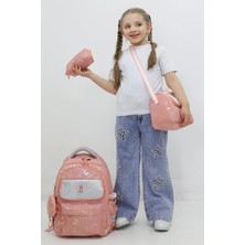 Probag Kız Çocuk Okul Çantası 3lü Set Açık Pembe Parlak Kapaklı Ilkokul Çanta Seti