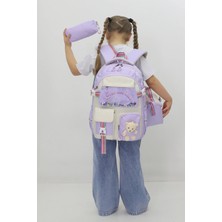 Probag Kız Çocuk Okul Çantası 3lü Set Beslenme Kalemlik Peluş Aksesuarlı Lila Ilkokul Anaokulu