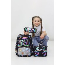 Probag Siyah Neon Geometrik 3'lü Okul Çantası Seti - Şeffaf Bölmeli Sırt Çantası, Beslenme ve Kalemlik