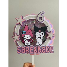 Neris Design Kuromi ve My Melody 3D Shaker Pasta Süsü - Kişiye Özel Katmanlı ve Hareketli Pullu Topper