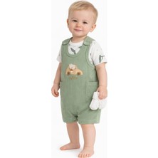 Dinamik çocuk Erkek Bebek Araba Nakışlı Salopet Tulum Takım 3'lü Set (Alttan Çıtçıtlı Badi + Tulum + Çorap) 3-6-9 Ay Pamuklu Ribana Yazlık