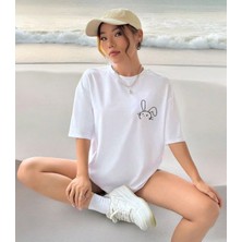 Punix Büyük Beden Özel Seri Tavşancık Silüet Baskılı %100 Pamuk Oversize Battal Kadın T-Shirt