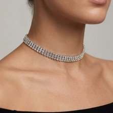 Valmont Accessories Kristal Taşlı 26+10 cm Choker Işıltılı Şık Kadın 3 Sıra Su Yolu Tasma Kolye