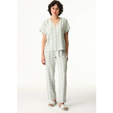 Penti Yeşil Serenity Çizgili Çiçekli Kısa Kollu Gömlek Pantolon Pijama Takımı