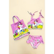 Modanino Kız Çocuk Çantalı 3'lü Mayo Takımı (Çanta+Mayo+Bikini) 3-10 Yaş 12586N