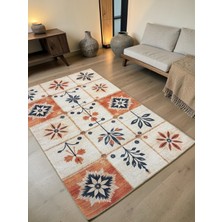 Zeora Home Boho Etnik Desenli Modern Salon & Otuma Odası Turuncu Krem Antialerjik Kaymaz Taban Kilim