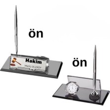 Hediye Vakti Hukukçulara Özel Kişiye Özel Masa Üstü Isimlik - Saatli ve Kalemli Cam Ofis Hediyesi