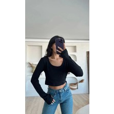 Bigümex Kare Yaka Uzun Kollu Crop Bluz, Parmak Geçmeli