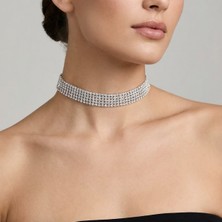 Valmont Accessories Kristal Taşlı 26+10 cm Choker Işıltılı Şık Kadın 5 Sıra Su Yolu Tasma Kolye