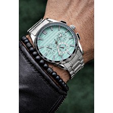 Weluxa Gümüş Renk Turkuaz Kadran Spor Erkek Kol Saati + Bileklik ve Saat Kutusu Hediyeli