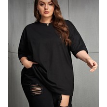 Punix Büyük Beden Özel Seri Baskısız Düz Renk %100 Pamuk Salaş Battal Kadın T-Shirt