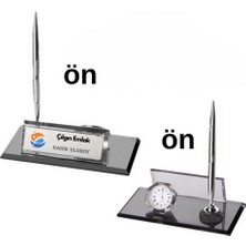 Çılgıntrend Kurumsal Logolu Kristal Masa Isimliği - Kişiye Özel Gümüş Kalemli ve Saatli Set