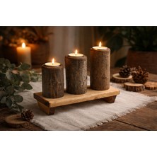 Maison Linden Masif Ahşap 3’lü Kütük Mumluk Seti Standlı Doğal Ağaç Dekoratif El Yapımı Rustik Mumluk Seti