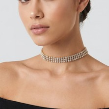 Valmont Accessories Kristal Taşlı 26+10 cm Choker Işıltılı Şık Kadın 3 Sıra Su Yolu Altın Sarısı Tasma Kolye