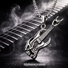 Voyage Accessory Paslanmaz Çelik Antrasit Gümüş Renk Kurukafa Detaylı Rock -Metal Tarz Gitar Kolye