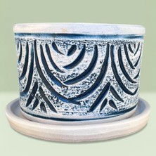 AdenArt Toprak Saksı El Yapımı Dekoratif Mavi Desenli (Tabaklı) 20*15 cm