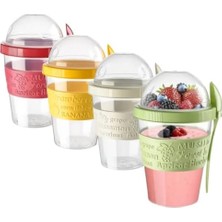 Emdeco Renkli And Go Kaşıklı Hazneli Meyveli Yoğurt Kabı Piknik Iş Atıştırmalık Diyet Müsli Granola Süt Bardağı (Beyaz)