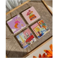 Uray Home Renkli Retro Desenli Doğal Taş Bardak Altlığı Seti, 4’lü
