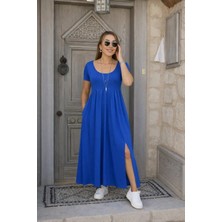 Kadın Kısa Kollu Yuvarlak Yaka Önden Yırtmaçlı Cepli Viskon Uzun Elbise