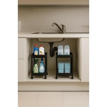 Uray Home Pro 2 Katlı Siyah Tekerlekli Çok Amaçlı Banyo & Mutfak Düzenleyici Raf – Evye Altı Deterj Siyah 40 x 35