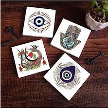 Uray Home Nazar, Şahmeran, Fatma Ana Eli  Taş Bardak Altlığı Seti - 4 Parça - Dekoratif, Rustik Mutfak Aksesuarı, 10X10 Cm, Kaydırmaz Tabanlı, Şık ve Dayanıklı SC404