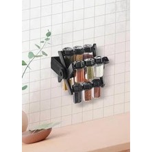 Uray Home Döner Baharatlık Standı, 12'li Şişeli Set, Siyah Plastik Raf, Duvara Monte Edilebilir