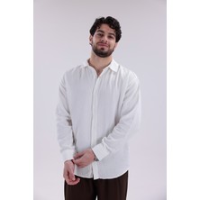 Erkek Müslin Gömlek Beyaz - Oversize Fit Uzun Kollu Bohem Yazlık Gömlek
