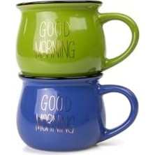 Uray Home 2'li Görünümlü Renkli Porselen Kupa Seti Good Morning Yazılı 250 Ml,mavi & Yeşil