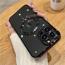 Uray Home 14 Pro Max Için ile Uyumlu Arka Kısmı Parlak Şeffaf Yapıya Sahip Kenarları Silikon Yapılı Güçlendirilmiş Mıknatıslı Kamera Lens Koruyuculu Kablosuz Şarj Destekli Kılıf (Siyah)