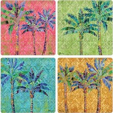 Uray Home Coasterstone Paradise Palms Emici Bardak Altlıkları (4'lü Set), 4-1/4", Çok Renkli