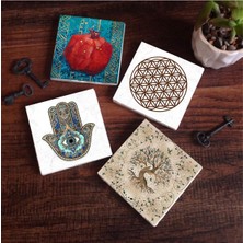 Uray Home Yaşam Çiçeği, Hayat Ağacı, Nar, Fatma Ana Eli  Taş Bardak Altlığı Seti - 4 Parça - Dekoratif, Rustik Mutfak Aksesuarı, 10X10 Cm, Kaydırmaz Tabanlı, Şık ve Dayanıklı SC152