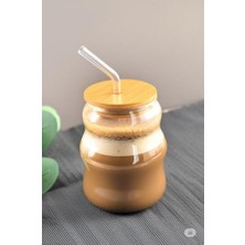 Uray Home Bambu Kapaklı Cam Pipetli 450 ml Borosilikat Bardak