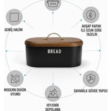 Uray Home Siyah Metal Ekmek Kutusu 33X18X18 cm | Ahşap Kapaklı Büyük Hacimli Ekmeklik | Kulplu Modern Mutfak Depolama Kabı | Uzun Süre Taze Saklama
