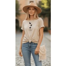 Punix Büyük Beden Özel Seri Kelebeğin Yolu Baskılı %100 Pamuk Oversize Şık Battal Kadın T-Shirt