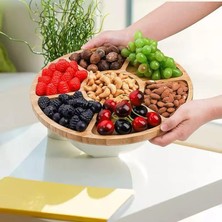 Uray Home 360° Dönebilen 34 cm Bambu Ahşap Pizza, Peynirebilen ve Sunum Tepsisi – Çok Amaçlı Döner Servis Tahtası, Çerezlik & Sunumluk, Şık ve Dayanıklı Ahşap Sunum Ürünü (Bölmeli)