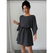 Defy Moda Kadın Puantiyeli Örme Krep Mini Elbise (Kemersiz)