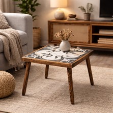 Maison Linden Eskitme Masif Ahşap Orta Sehpa 49X49 cm Seramik Yan Sehpa H45 Koltuk Yanı Dekoratif Masa