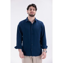 Erkek Müslin Gömlek Lacivert - Oversize Fit Uzun Kollu Bohem Yazlık Gömlek