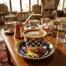 Emdeco 6 Kişilik Porselen Türk Kahvesi Fincan Takımı - Siyah Beyaz Damalı, Yaldızlı ve Renkli Çiçek Desenli Tabaklı 12 Parça Lüks Sunum Seti