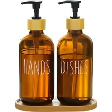 Emdeco Cam Dispenser Seti – 2’li Şişe (Hands & Dishes Etiketli), Bambu Kapaklı, Sıvı Sabun & Deterjan Pompası