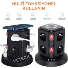 MiraLive Akım Korumalı Priz Kule Tipi Kablosuz Şarj Istasyonu, 8 Priz, 2 Type-C, 1 USB Girişli, 2mt Kablo
