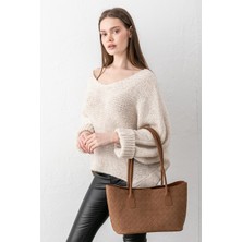 Paul Brand Terra Touch Örgü Desenli Yumuşak Süet Dokulu Makyaj Çantalı Taba Kadın Shopper Omuz Çantası