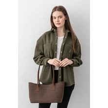 Paul Brand Terra Touch Örgü Desenli Yumuşak Süet Dokulu Makyaj Çantalı Acı Kahve Kadın Shopper Omuz Çantası