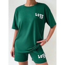 Punix Büyük Beden Özel Seri Love Baskılı %100 Pamuk Modern Battal Kadın T-Shirt  Şort Takımı