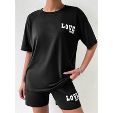Punix Büyük Beden Özel Seri Love Baskılı %100 Pamuk Modern Battal Kadın T-Shirt  Şort Takımı
