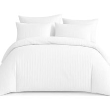Asseds Store Çift Kişilik Çizgili Nevresim TAKIMI%100 Pamuk 200X220 - Yumuşak Dokulu Lüks Nevresim Takımı Beyaz Beyaz