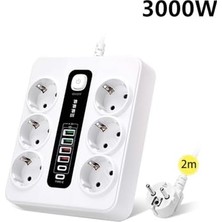 Asseds Store Termal Akım Korumalı 3000W 3.6 Amper 6 Lı Priz 2 Metre Uzatma Kablosu Çoklu Priz 4 USB 2 Type C Pd Girişli Hızlı Şarj Istasyonu