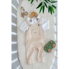 Dinamik çocuk Erkek Bebek Waffle Salopet + Tshirt  2li Takım Ayıcık Nakışlı Yakalı Tshirt + Tulum 0-3-6-9-12AYLIK Bayramlık