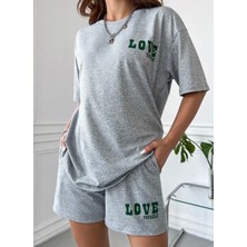 Punix Büyük Beden Özel Seri Love Baskılı %100 Pamuk Modern Battal Kadın T-Shirt  Şort Takımı